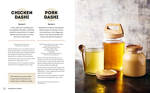 Recipe page for chicken and pork dashi with jars of broth and a spoon.