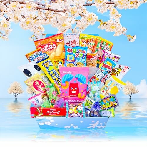 Assorted Japanese snacks in a decorative box with cherry blossoms