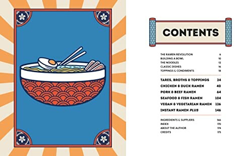 Ramen cookbook contents page with illustrated bowl of ramen.