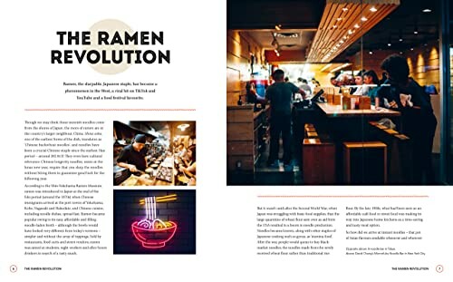 Magazine layout featuring article titled 'The Ramen Revolution' with images of ramen and a restaurant scene.